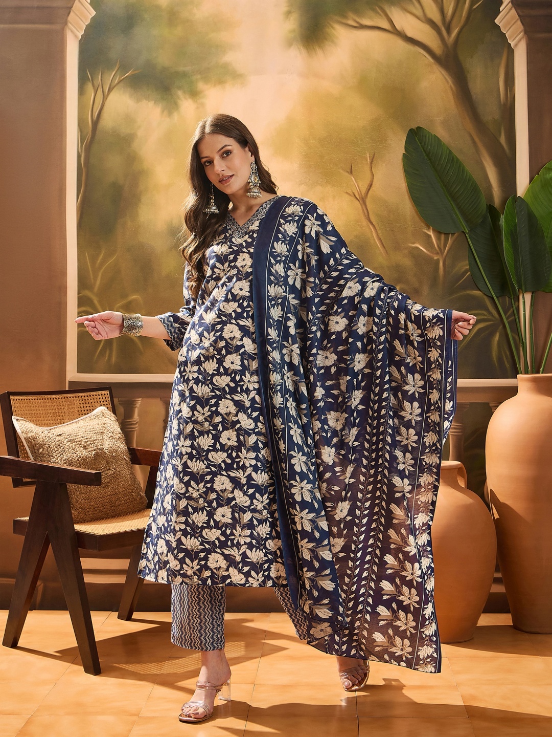 

Sangria Women's Blue Ethnic Printed Cotton Blend Straight Kurta Pant Dupatta Set