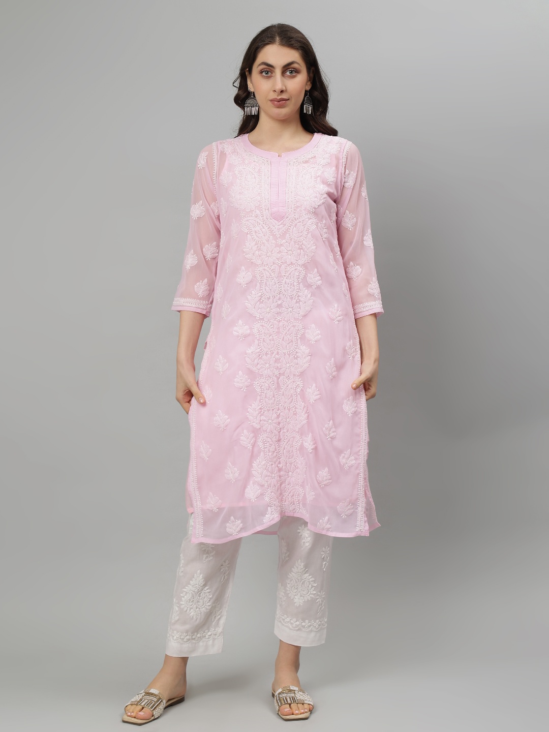 

Seva Chikan Floral Embroidered Notch Neck Georgette Lucknowi Chikankari Straight Kurta, Pink