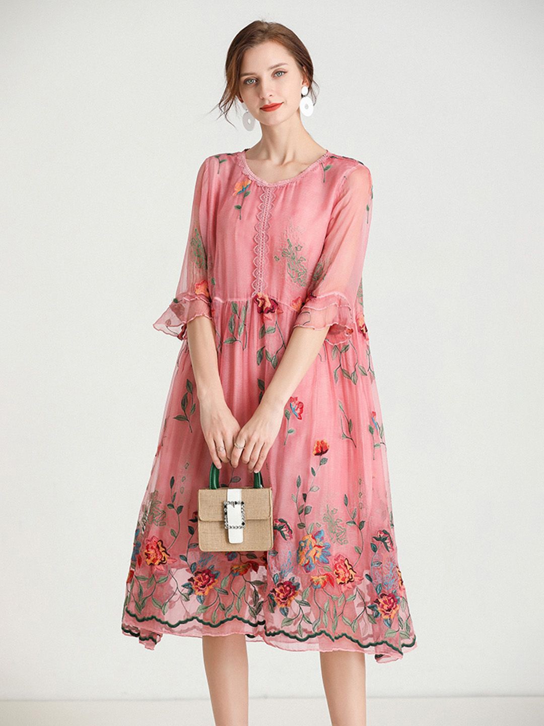 

JC Collection Floral Print Bell Sleeve A-Line Dress, Pink