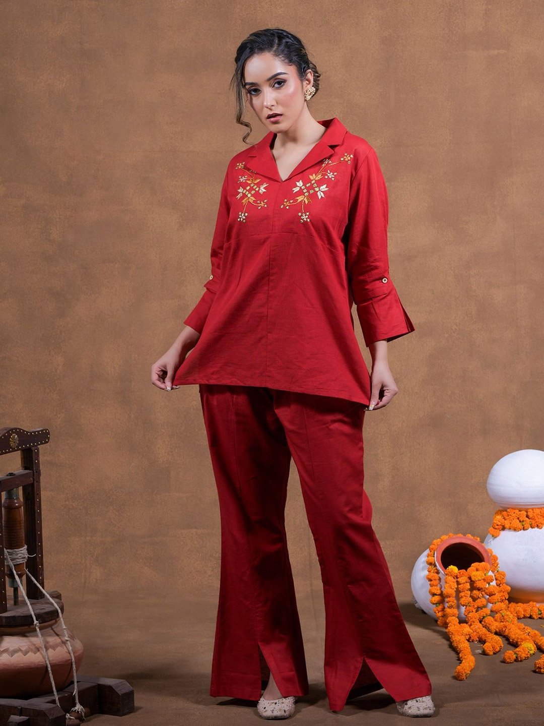 

Phulkari Forever Print Mandarin Collar Linen Top, Red