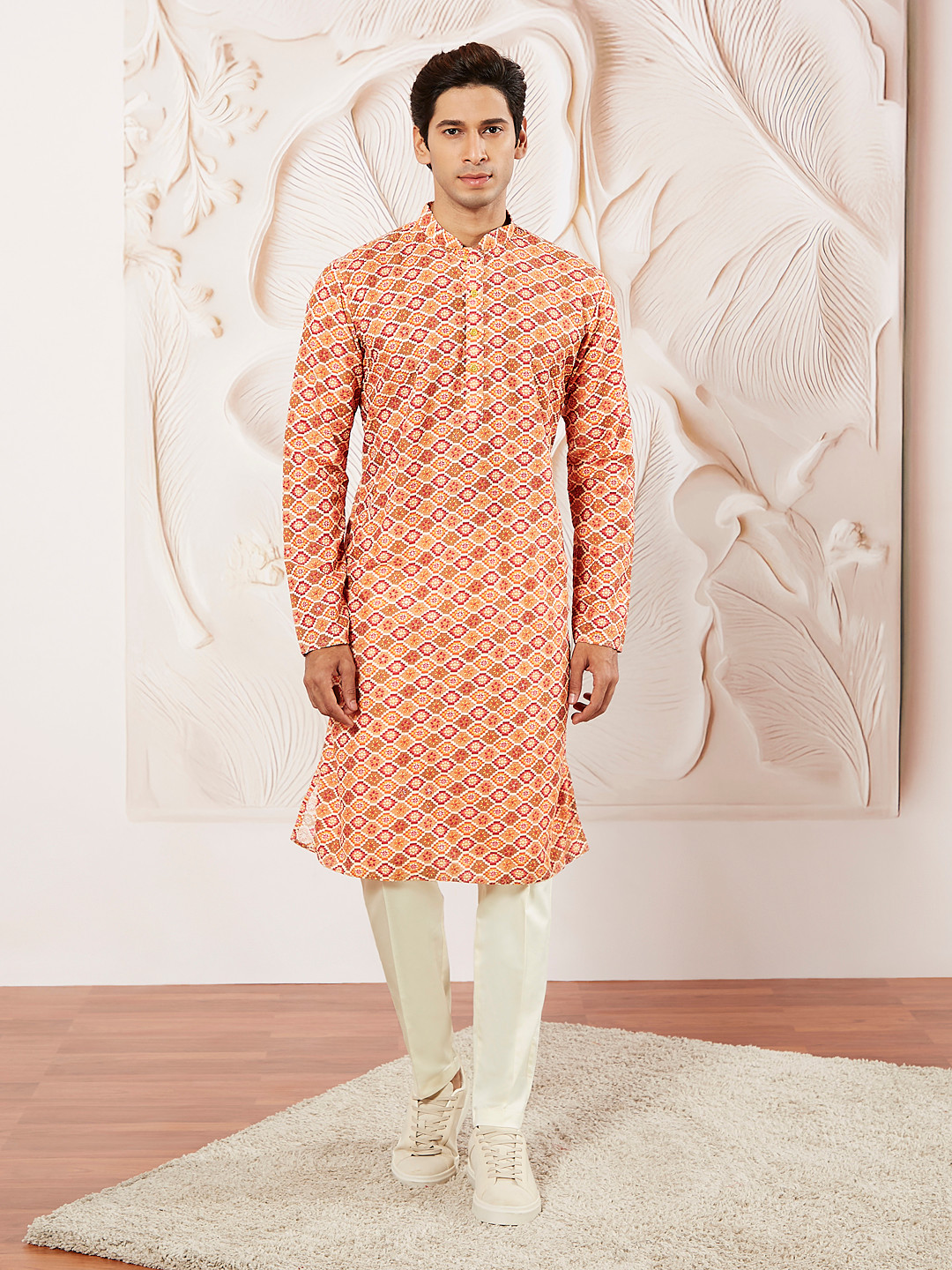 

VASTRAMAY Men Bandhani Embroidered Regular Thread Work Kurta with Trousers, Orange