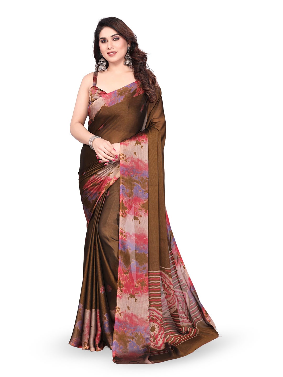 

MAGNEITTA Pure Chiffon Designer Saree, Brown