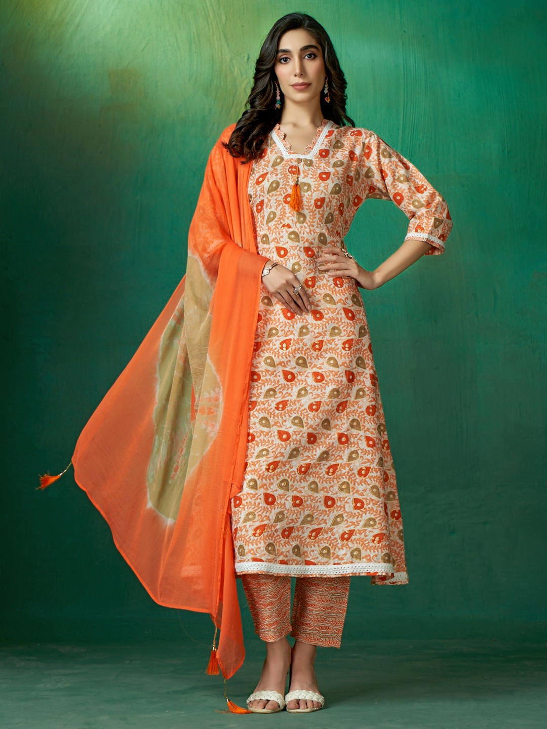 

Sangria Women Pure Cotton Printed Anarkali Kurta With Trousers & Dupatta Set, Orange