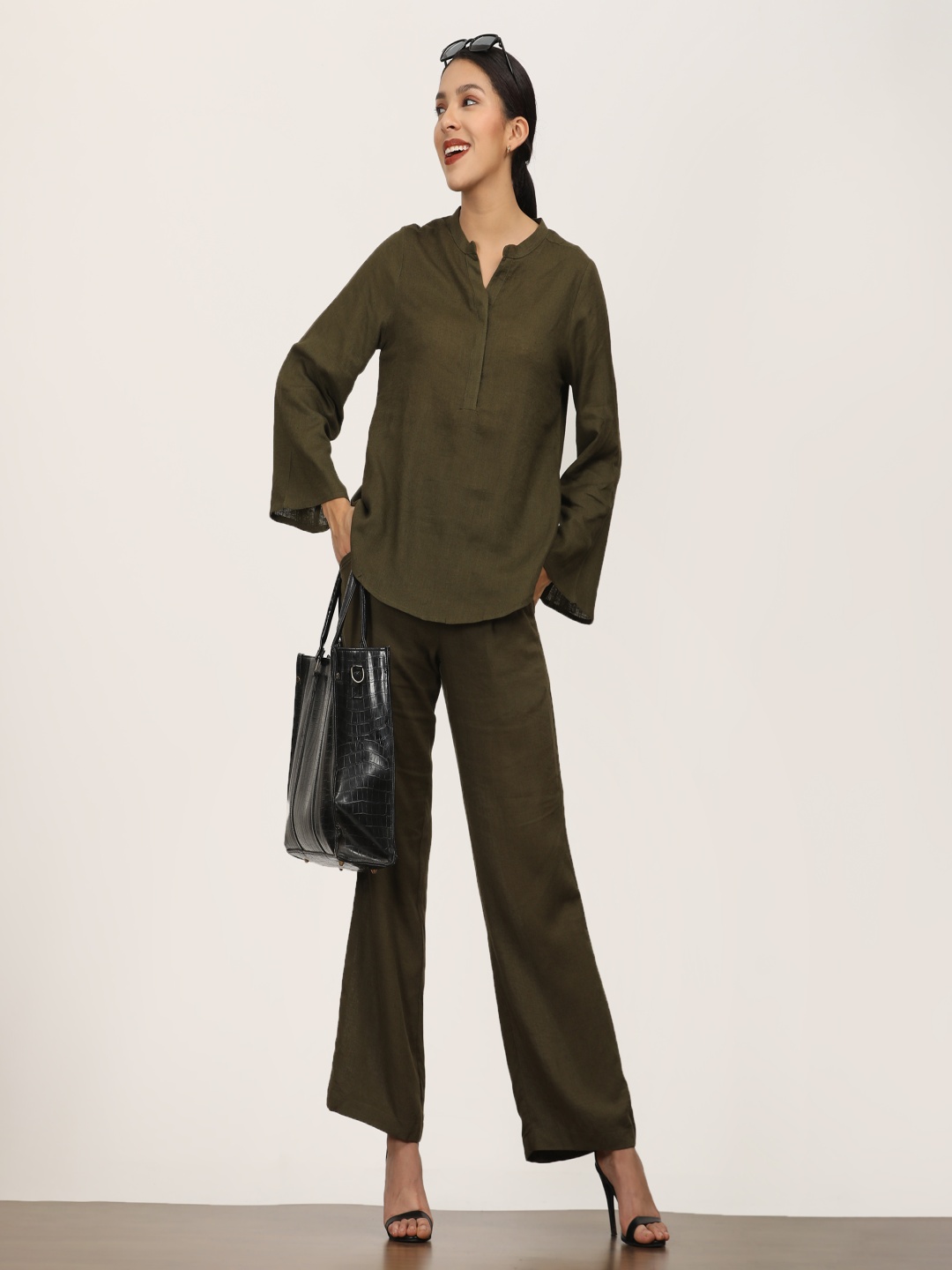 

Saltpetre Bell Sleeves Linen Short Tunic With Pants Co-Ord Set, Olive
