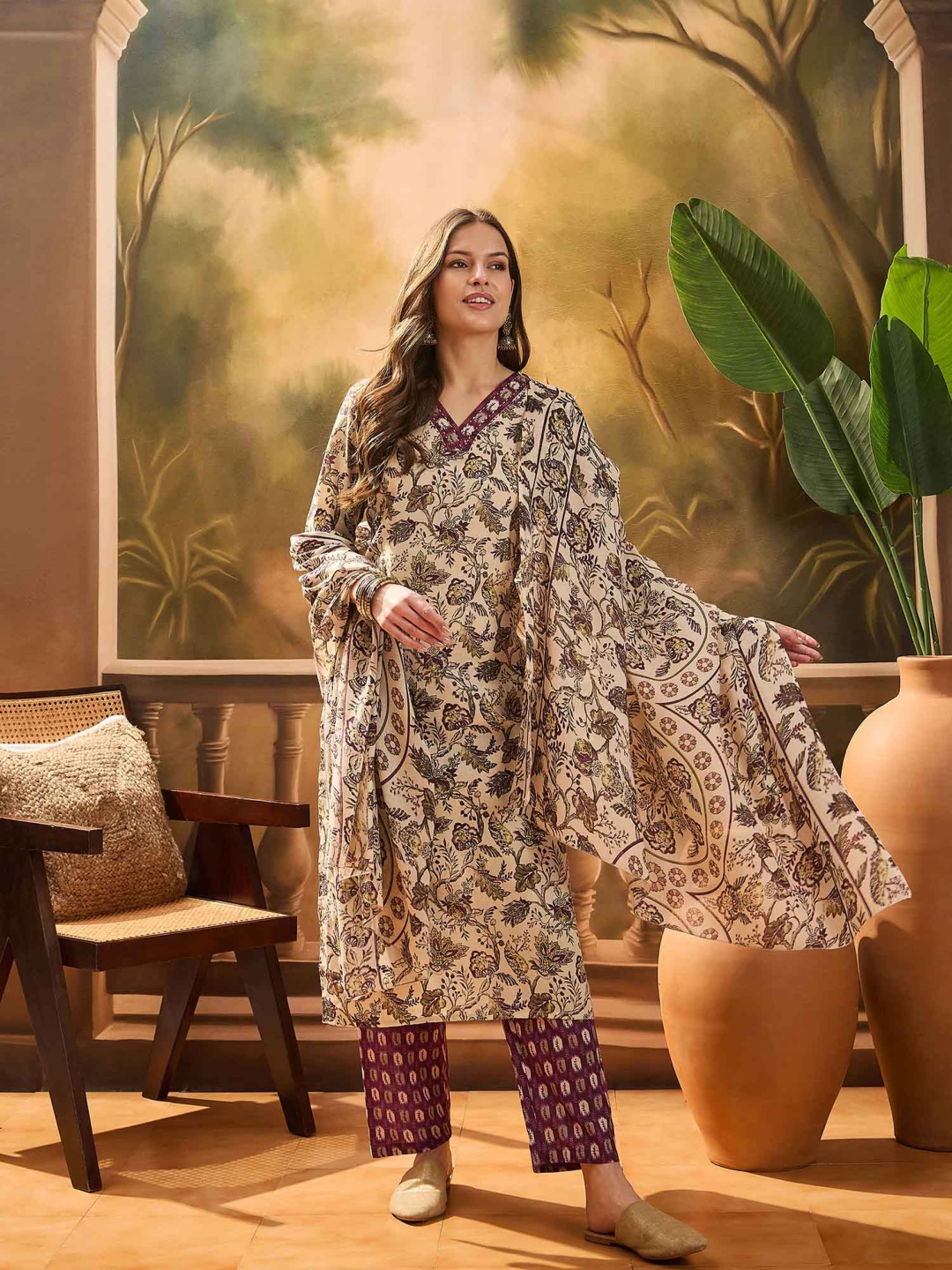 

Sangria Women's Blue Ethnic Printed Cotton Straight Kurta Pant Dupatta Set, Purple