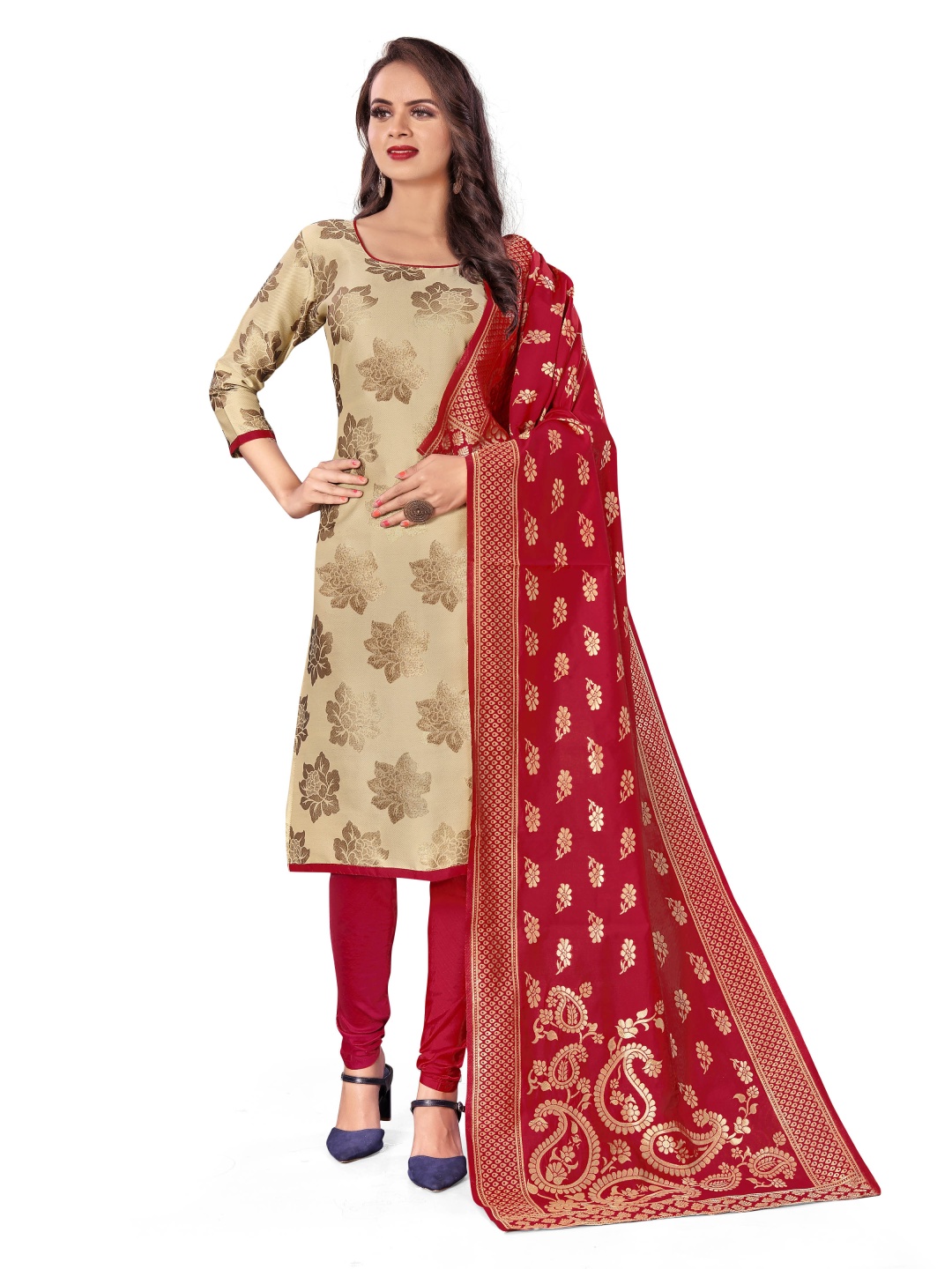 

HERE&NOW Floral Woven Design Banarasi Unstitched Dress Material, Beige
