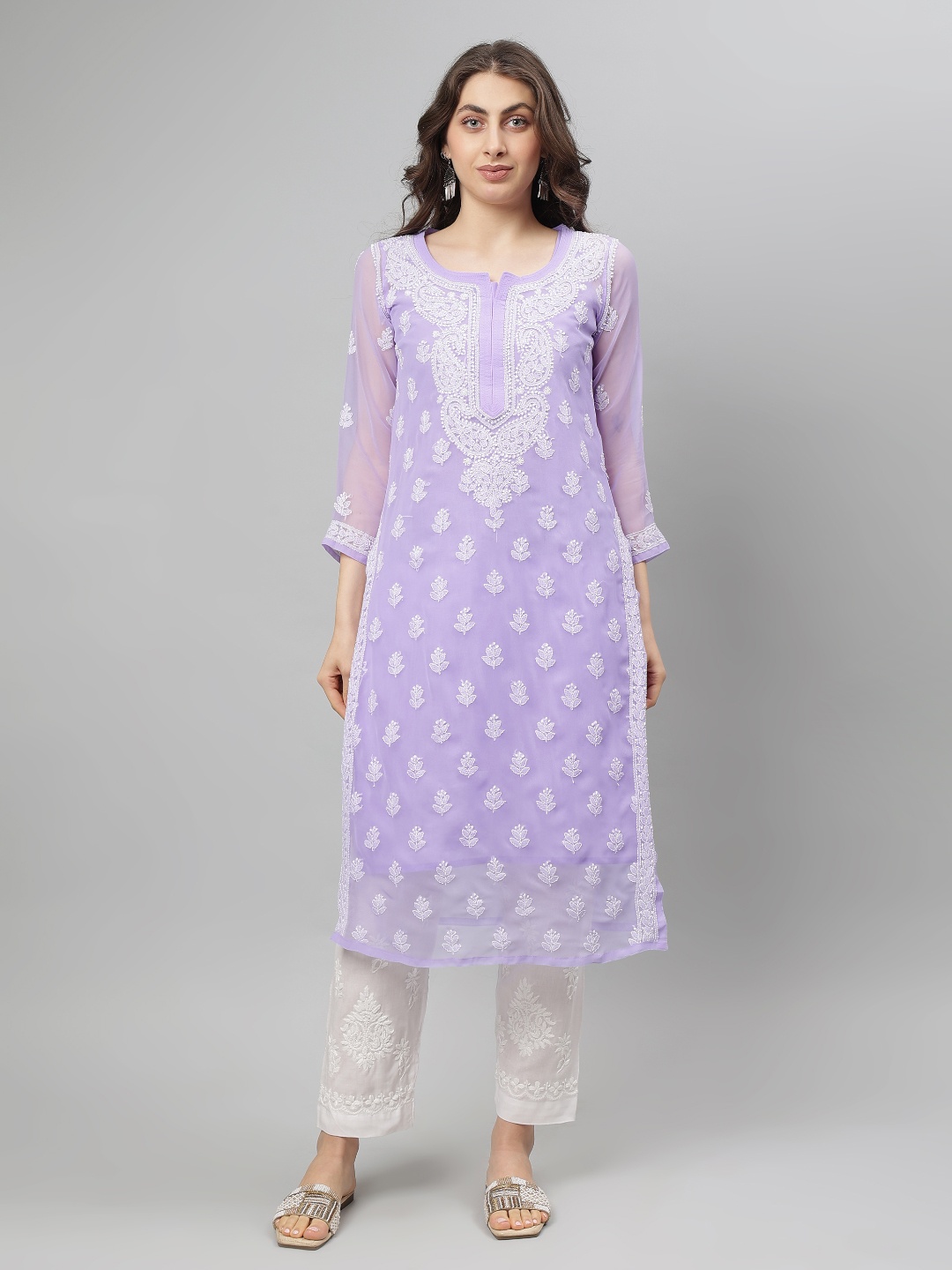 

Seva Chikan Floral Embroidered Notch Neck Georgette Lucknowi Chikankari Straight Kurta, Purple