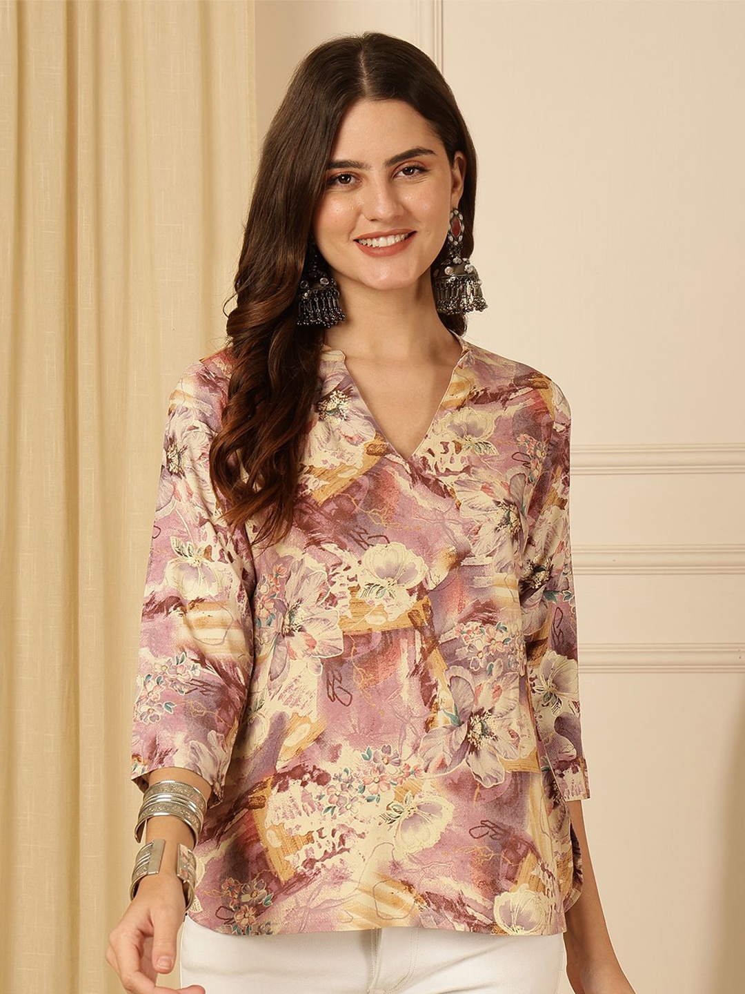 

Anouk Rustic Floral Print Mandarin Collar Top, Multi