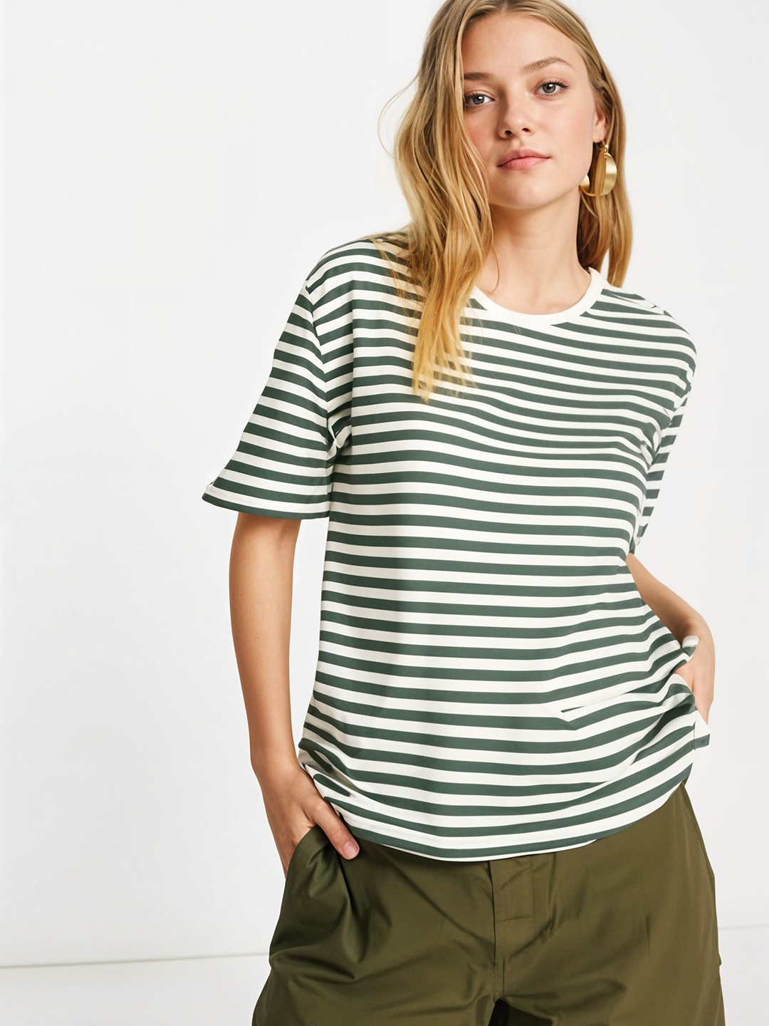 

DressBerry Women Striped Pockets T-shirt, Green