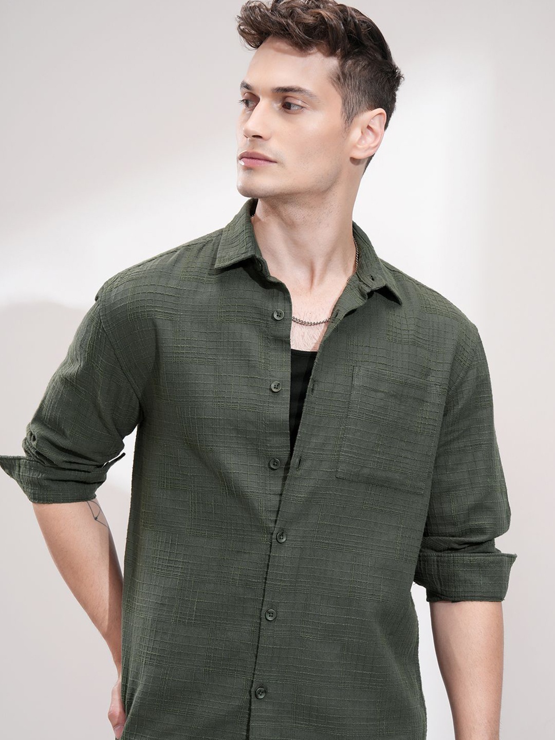 

HIGHLANDER Men Opaque Checked Casual Shirt, Green