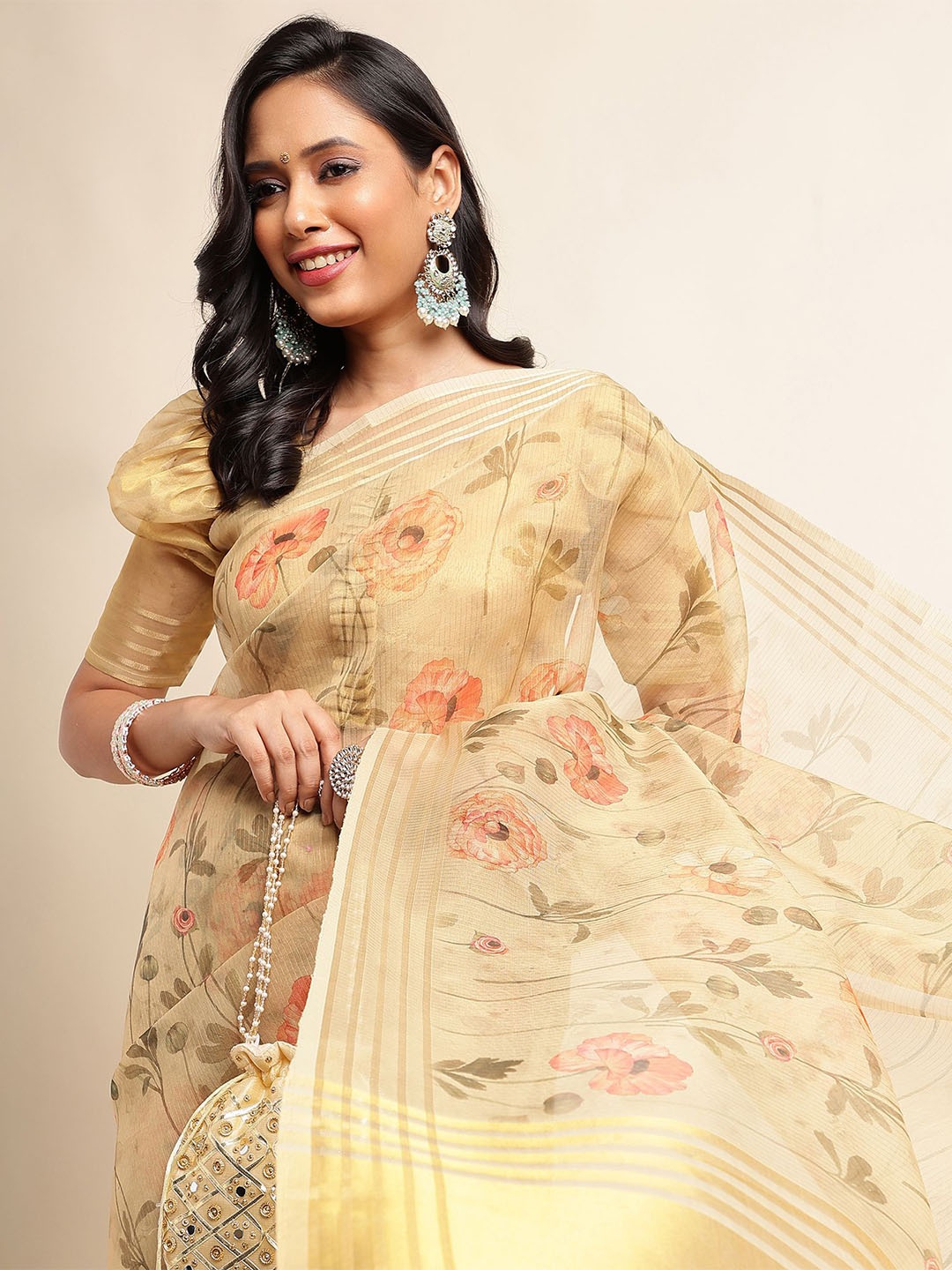 

DIVASTRI Floral Linen Blend Designer Saree, Yellow