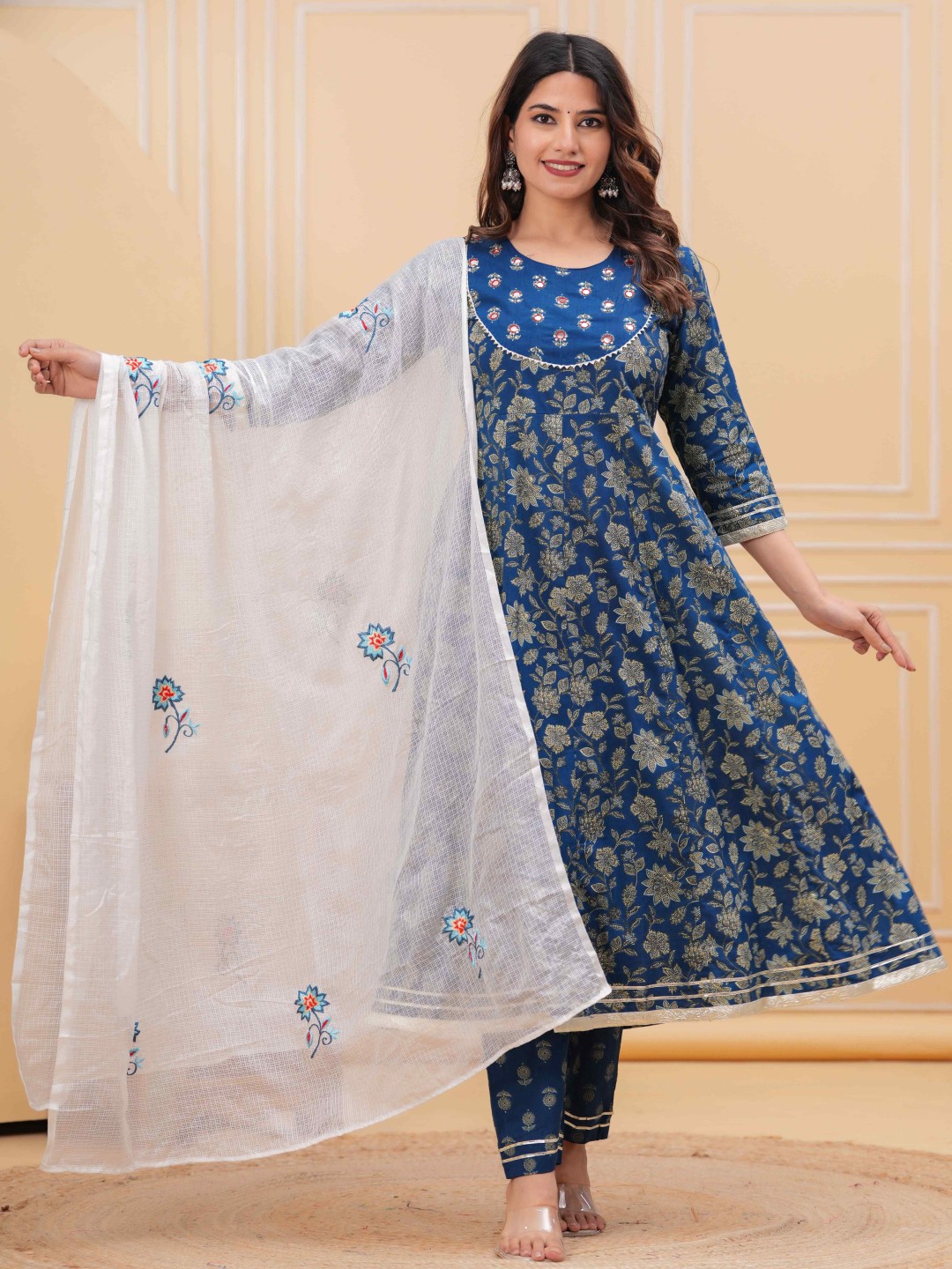 

JAIMINI Women Floral Printed Layered Mirror Work Pure Cotton Kurta with Trousers & With Dupatta, Blue
