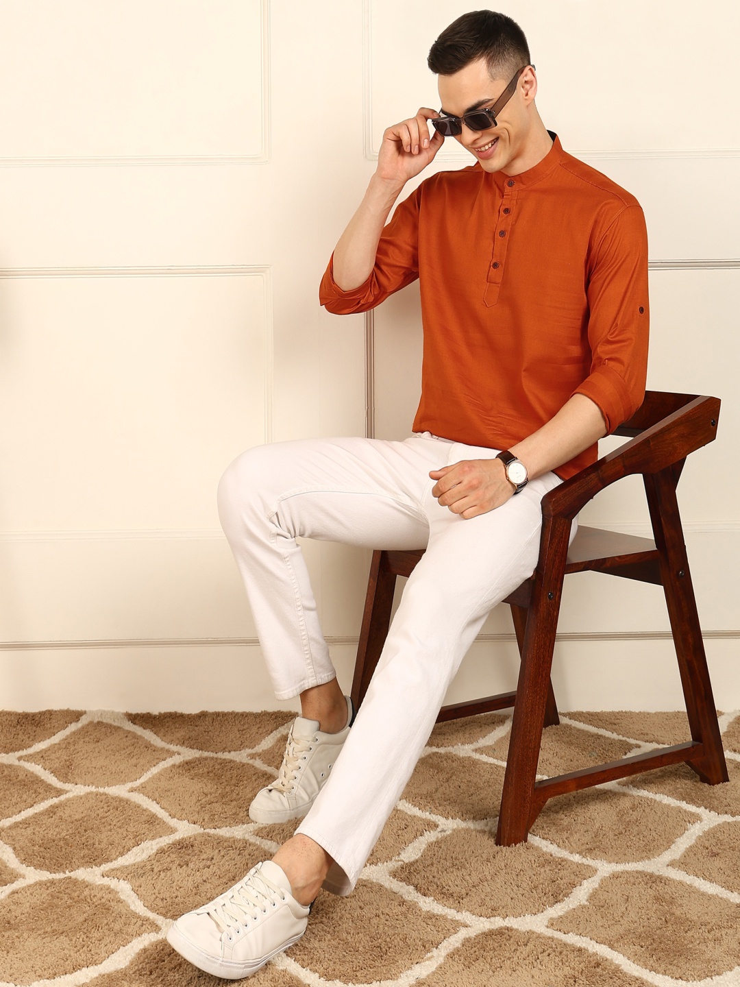 

PulseIQ Striped Band Collar Straight Short Kurta, Orange