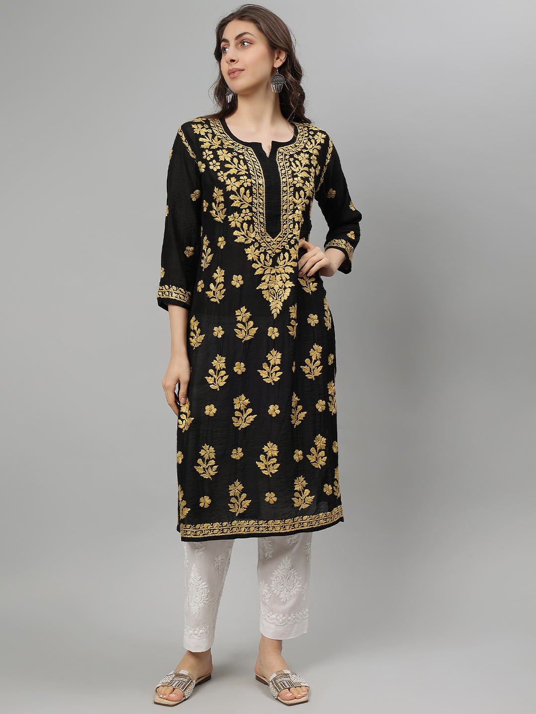 

Seva Chikan Floral Embroidered Notch Neck Chanderi Lucknowi Chikankari Straight Kurta, Black