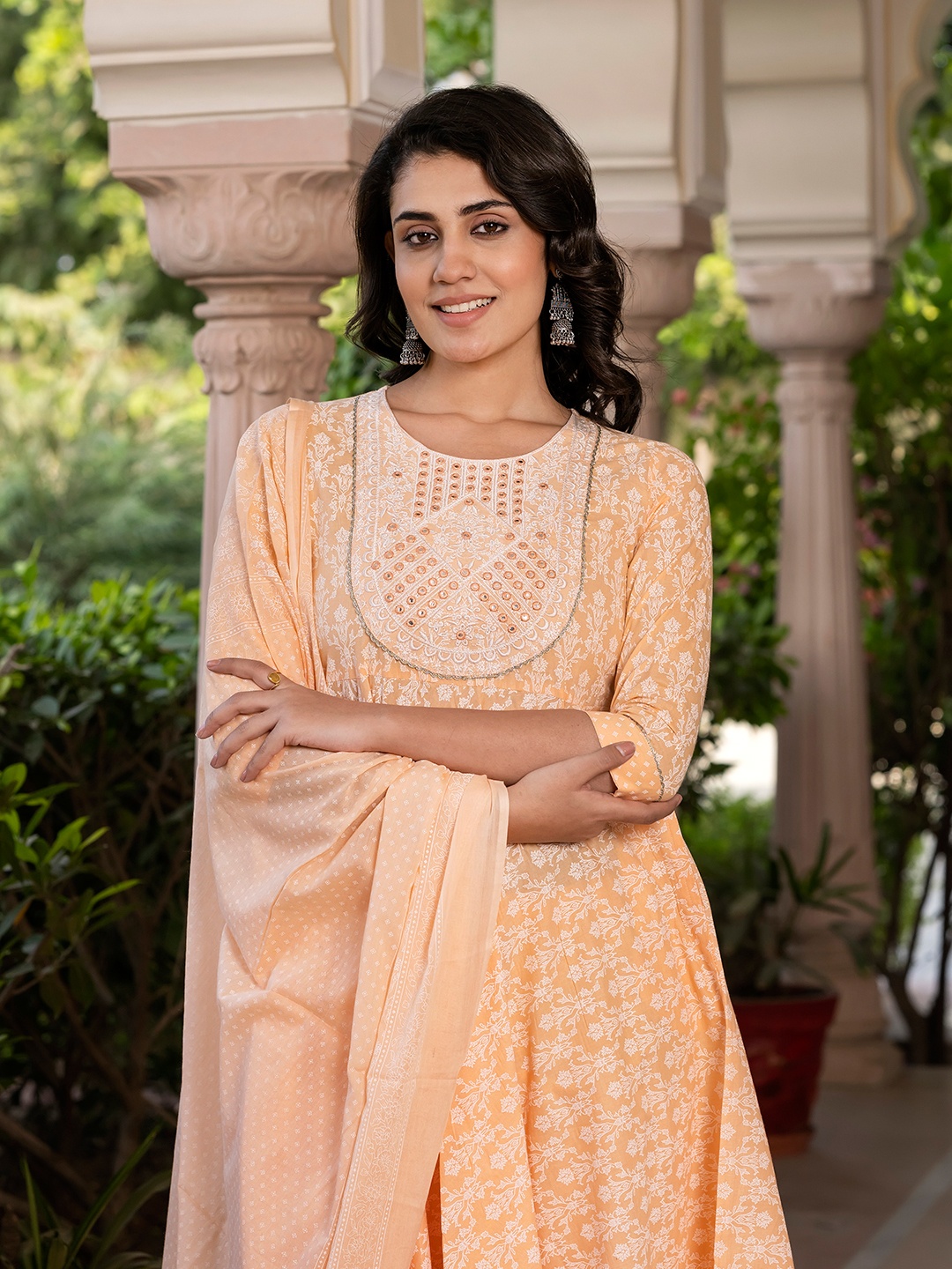 

KALINI Women Ethnic Motifs Printed Regular Pure Cotton Kurta with Trousers & With Dupatta, Peach