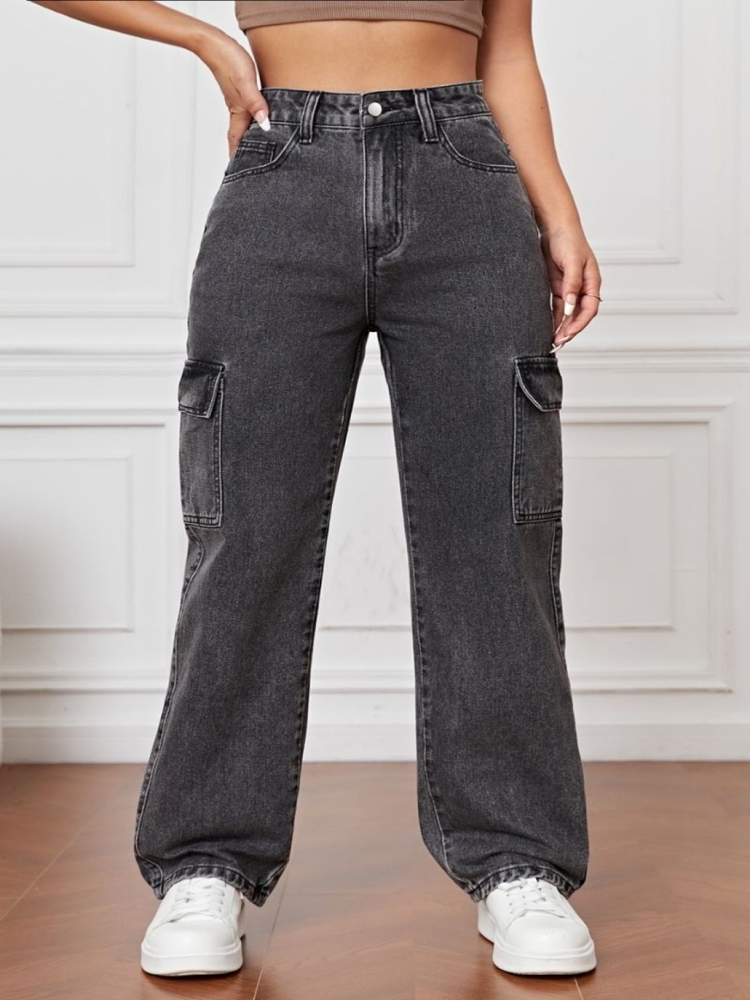 

NU CLOTHS Women Jean Wide Leg High-Rise Light Fade Stretchable Jeans, Grey
