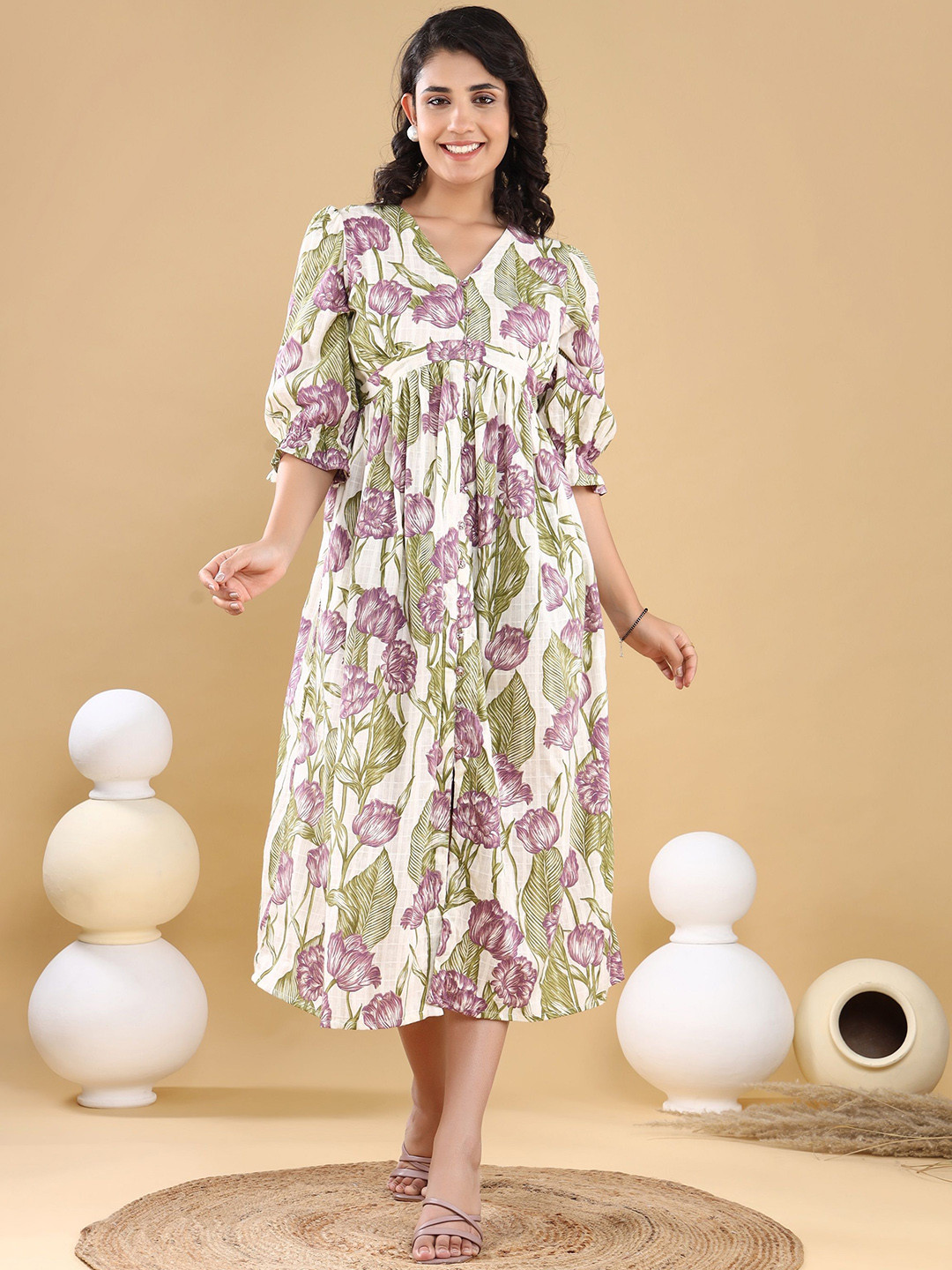 

VASVI Floral Print Puff Sleeve Fit & Flare Midi Dress, Lavender