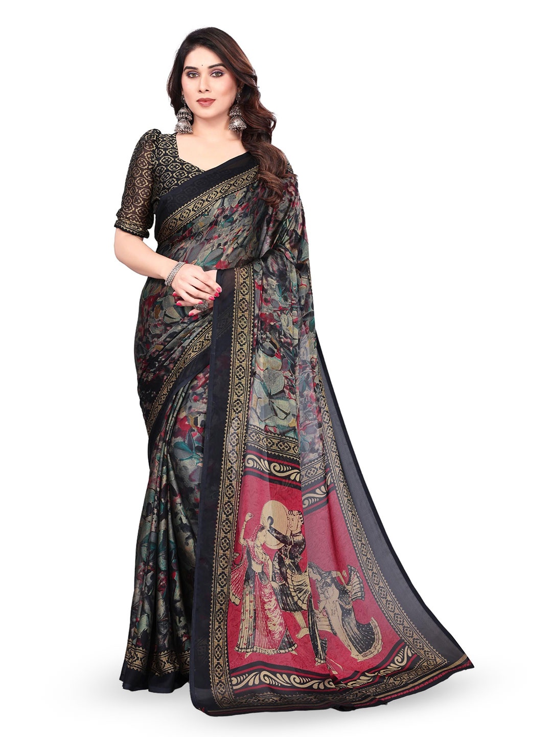 

MAGNEITTA Floral Pure Chiffon Saree, Green