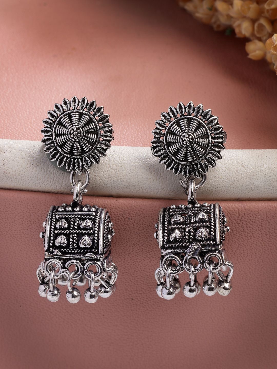 

NVR German Silver Oxidised Silver-Plated Dome Shaped Jhumkas Earrings