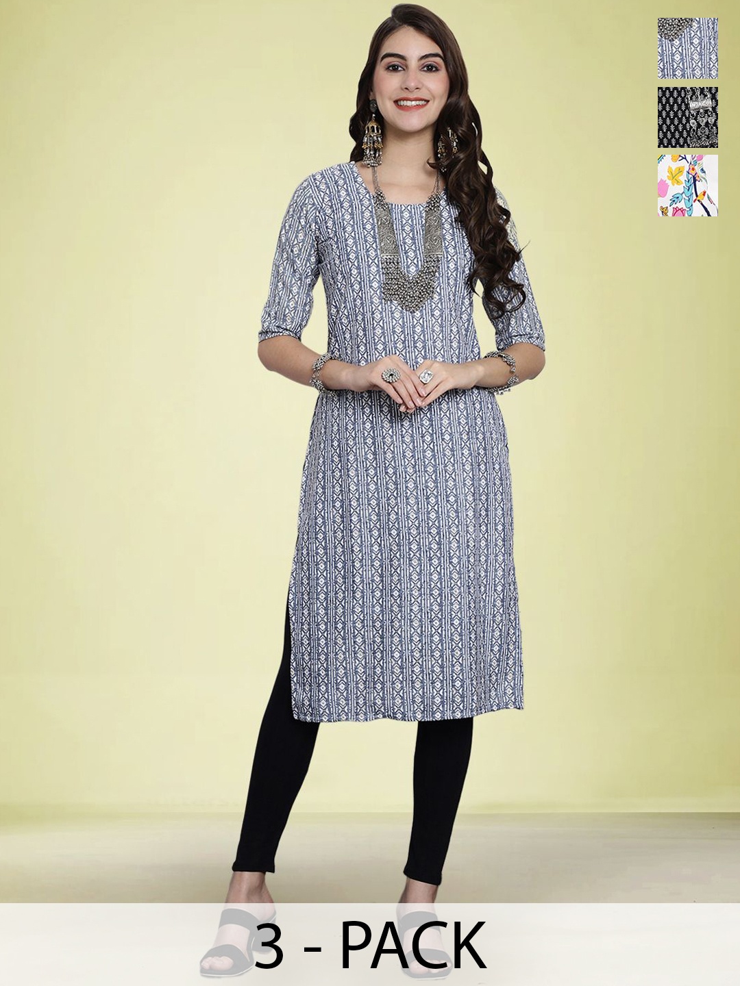 

Moda Rapido Selection Of 3 Floral Printed Round Neck Straight Kurtas, Black