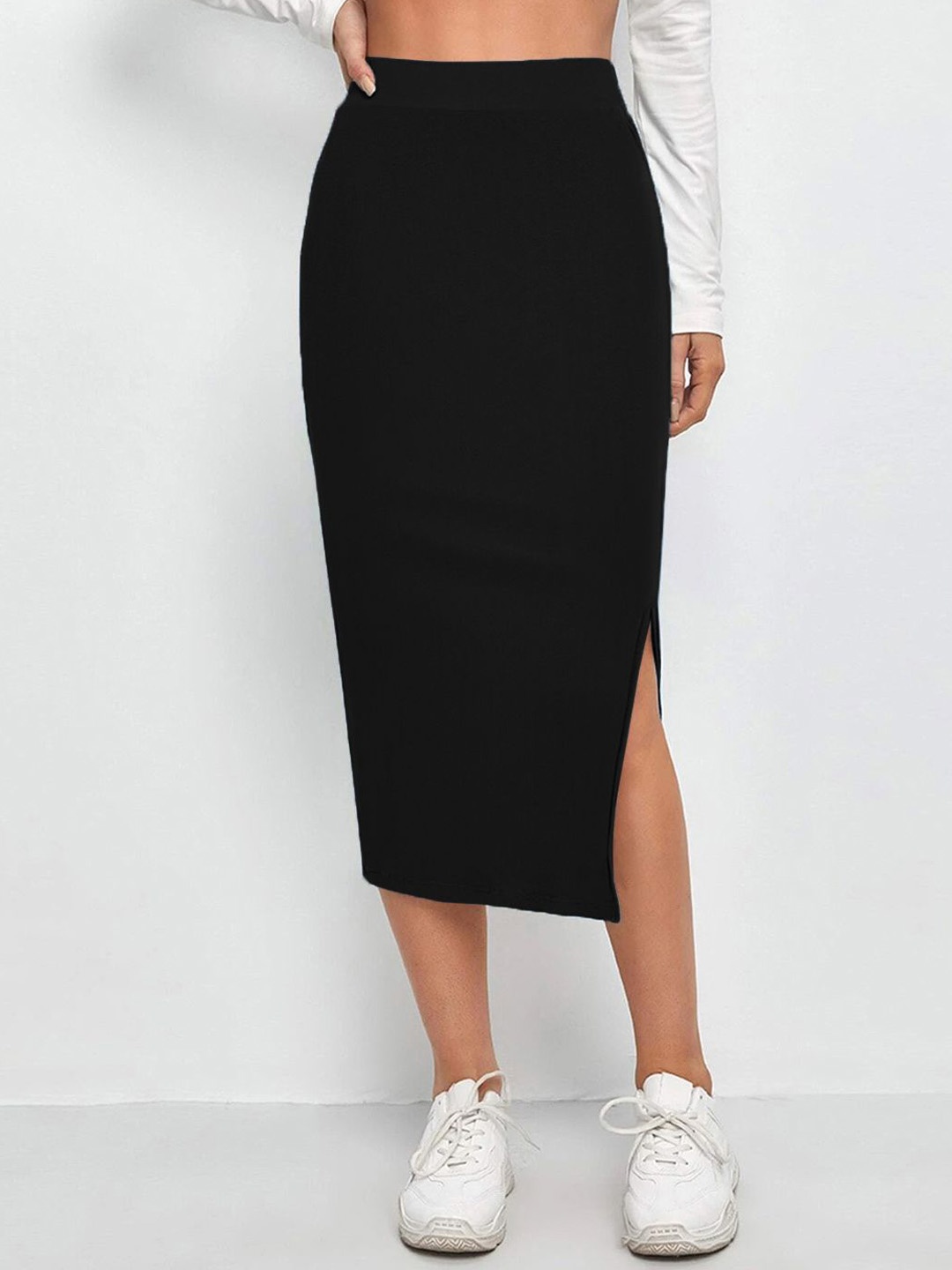 

DIMPY GARMENTS Pencil Midi Slit Skirts, Black