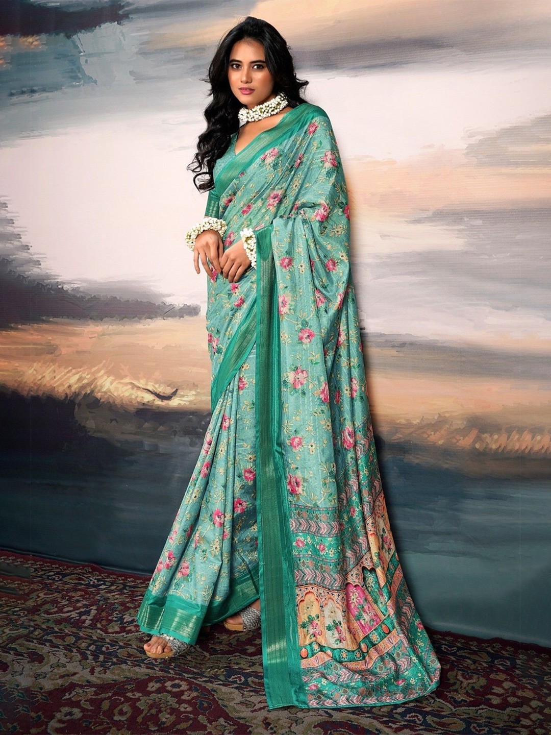 

MySilkLove Floral Zari Saree, Blue