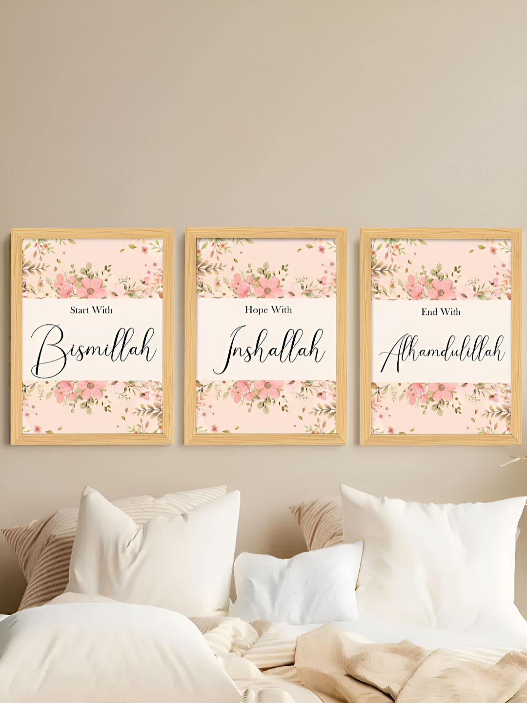 

Myntra Elegant Homes Pink & White 3 Pieces Religious Printed Synthetic Wooden Wall Art