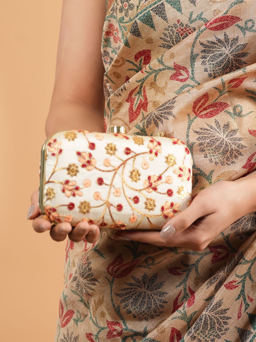 

Anouk Embroidered Embellished Box Clutch, Peach
