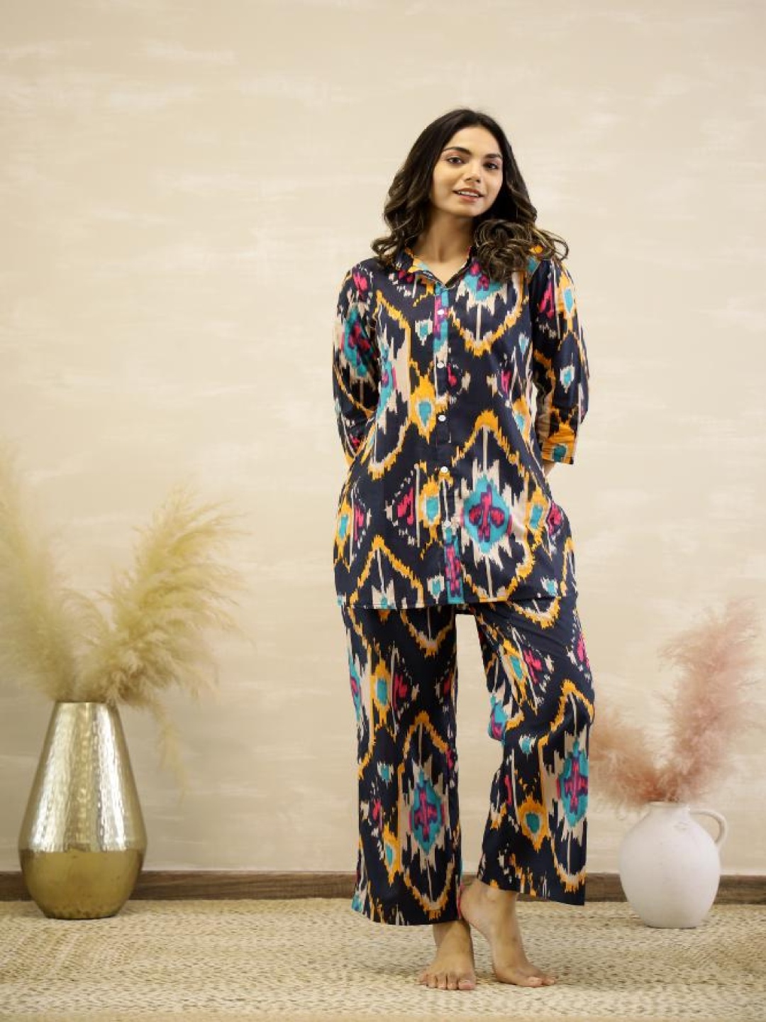

FLAVIA CREATION Ethnic Motifs Printed Shirt Collar Pure Cotton Shirt With Trousers, Black
