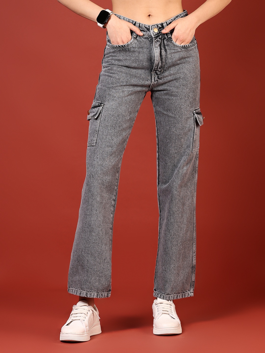 

V-Mart Women Straight Fit Cargos Trousers, Grey