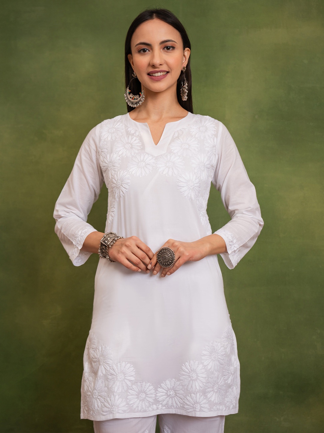 

HOUSE OF KARI Floral Embroidered Cotton Chikankari A-Line Short Kurta, White
