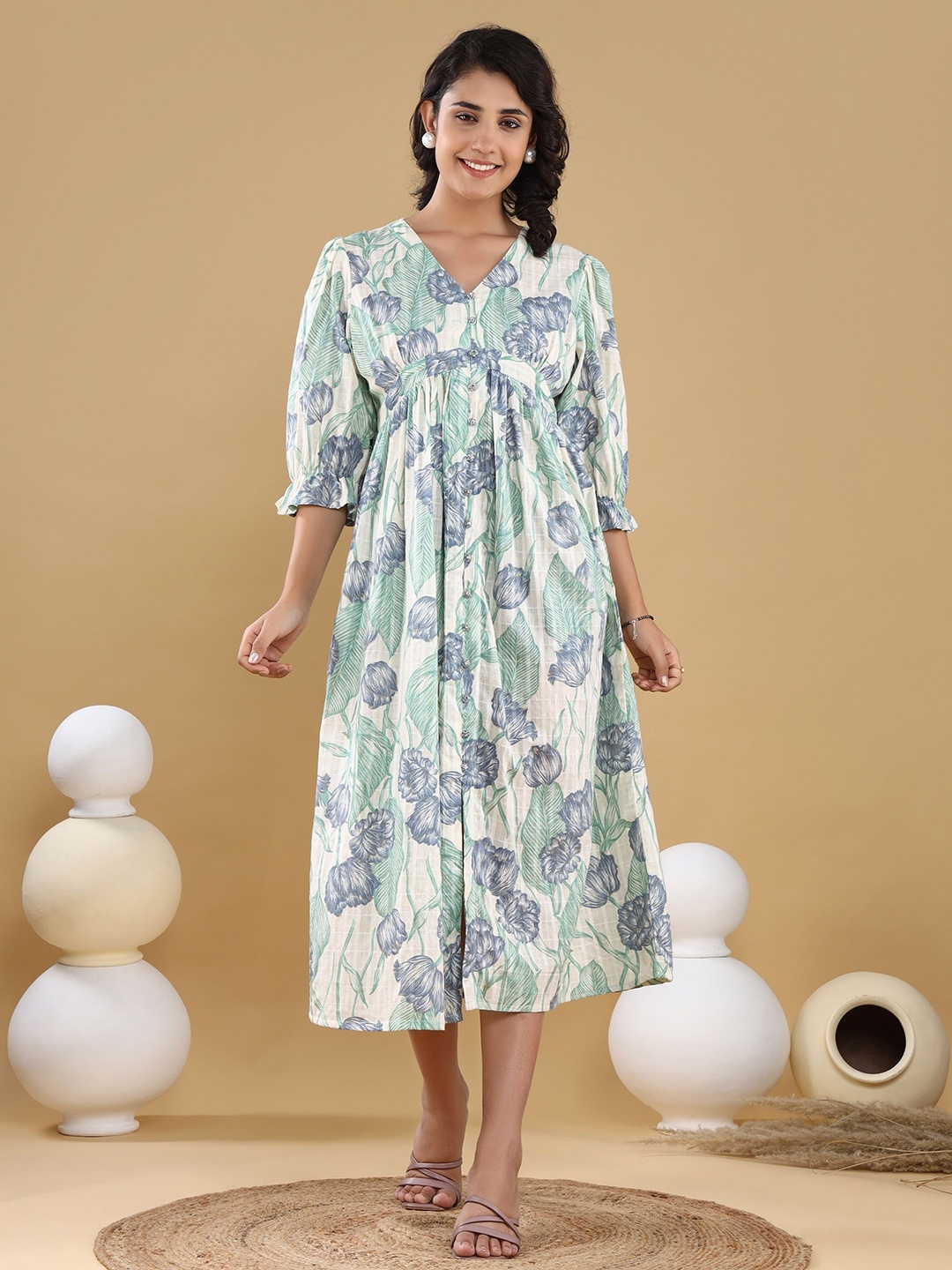 

VASVI Floral Print Puff Sleeve Fit & Flare Midi Dress, Teal