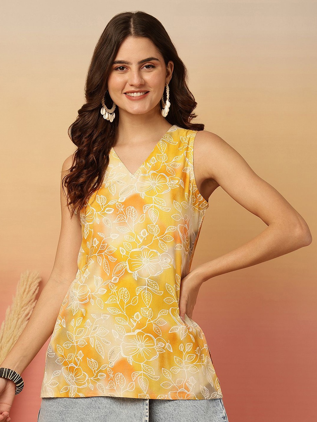 Anouk Rustic Floral Print Top, Yellow