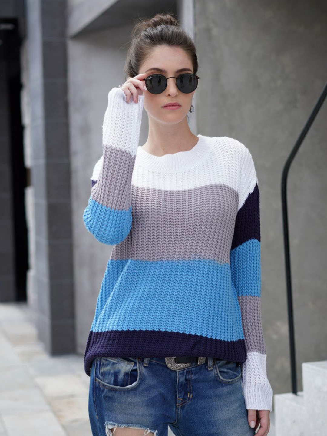 

Oh Rare Women Colourblocked Pullover, Blue