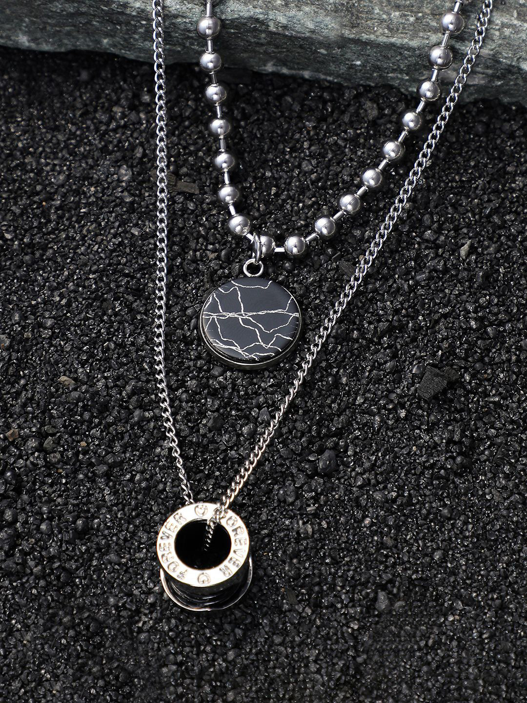 

French Accent Men Silver-Plated Circular Shaped Pendant With Double Layered Chain
