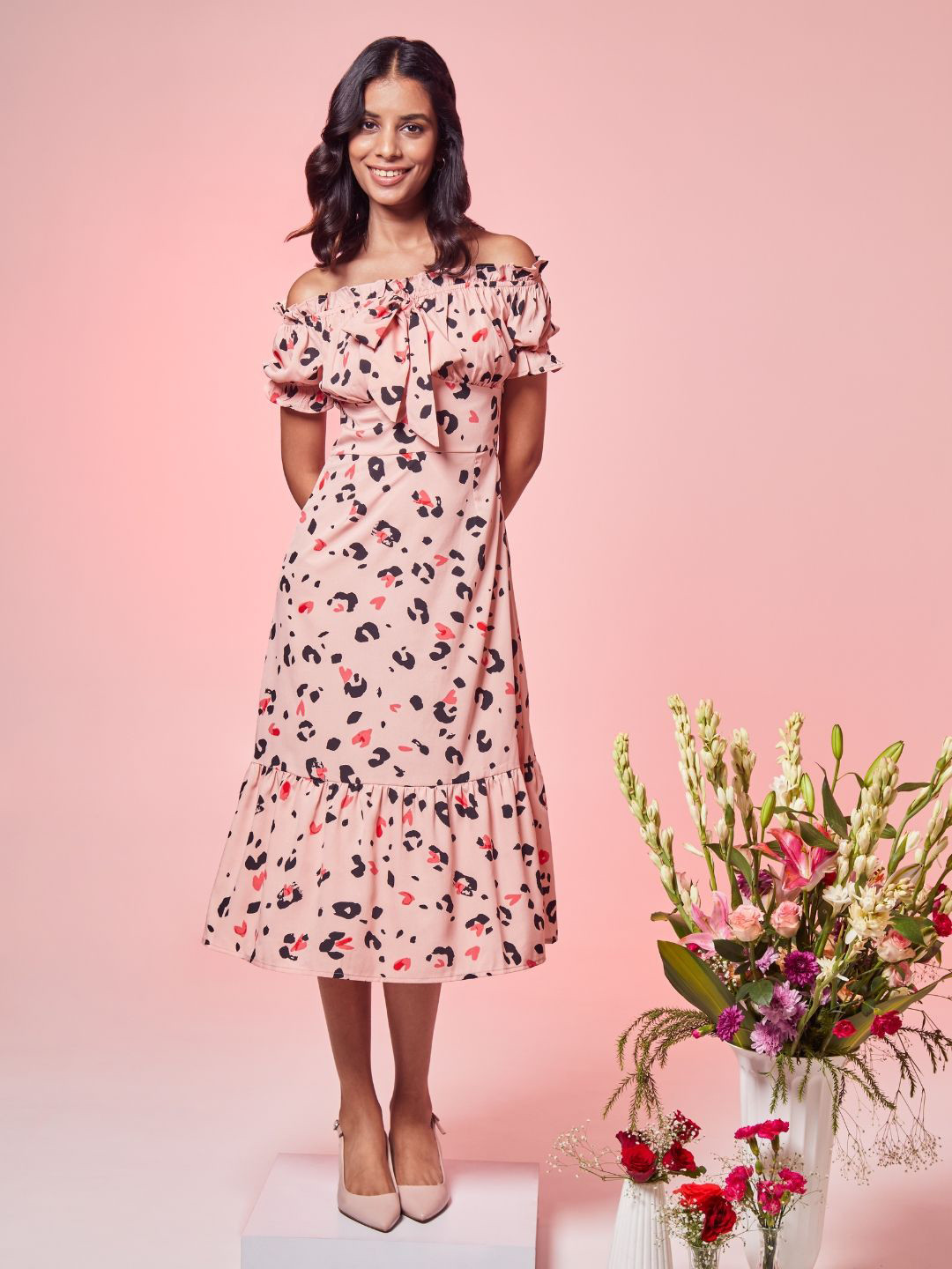 

Prose Stories Animal Print Off-Shoulder Puff Sleeve Fit & Flare Midi Dress, Pink