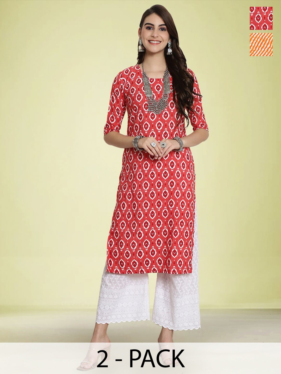 

Moda Rapido Selection Of 2 Leheriya Printed Round Neck Straight Kurtas, White