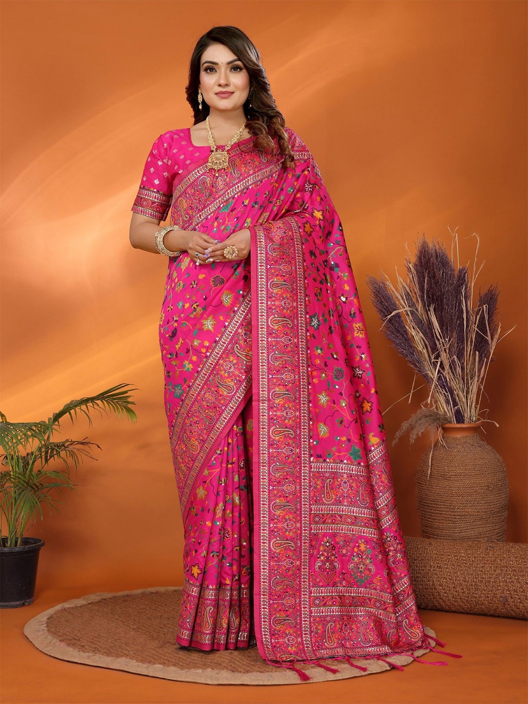 

Panzora Ethnic Motifs Zari Silk Blend Saree, Pink