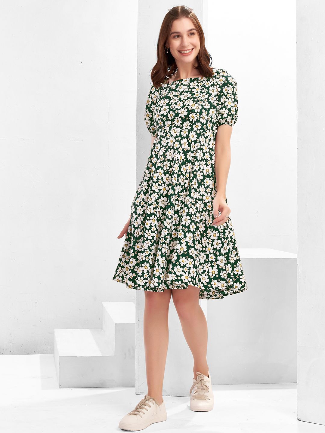 

Moda Rapido Floral Print Puff Sleeve Fit & Flare Midi Dress, Green