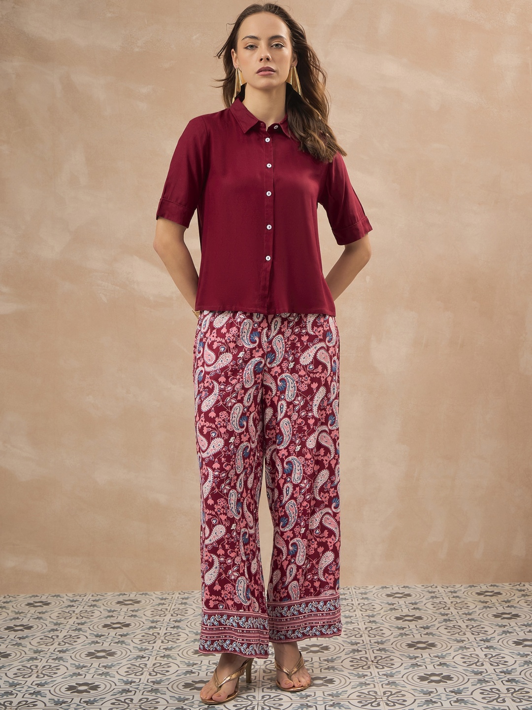 

all about you Paisley Printed Shirt & Palazzo, Maroon
