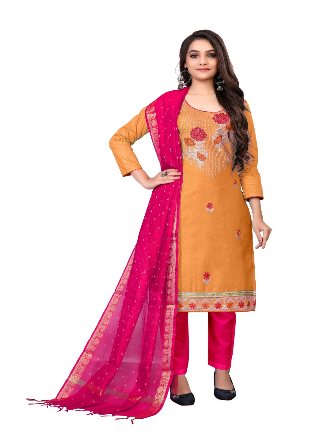 

HERE&NOW Floral Embroidered Thread Work Unstitched Dress Material, Orange