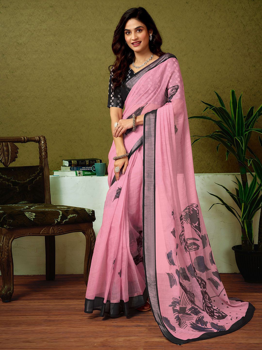 

all about you Ethnic Motifs Pure Linen Ready to Wear Tussar Saree, Rose