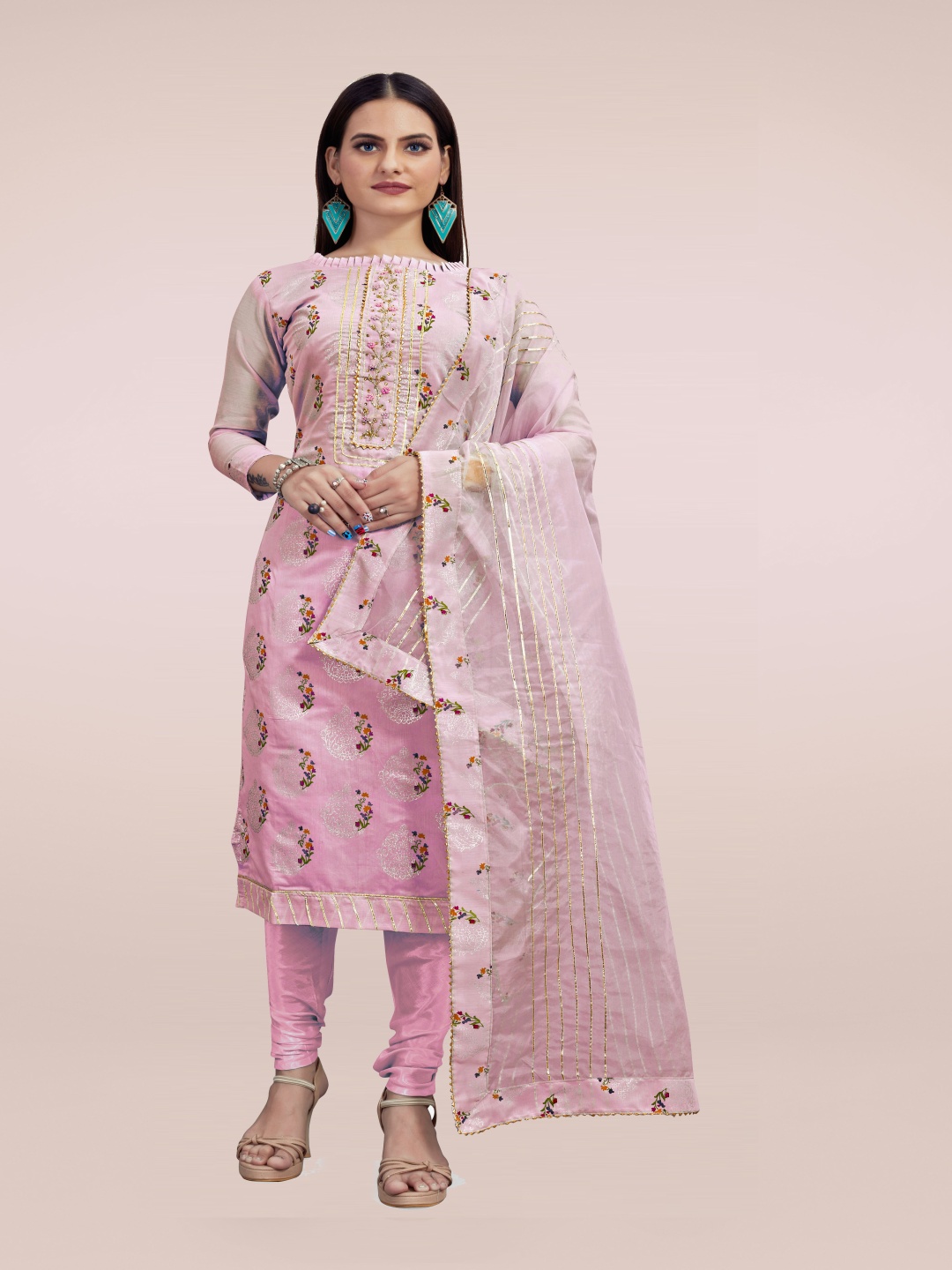 

HERE&NOW Floral Printed Beads and Stones Unstitched Dress Material, Pink
