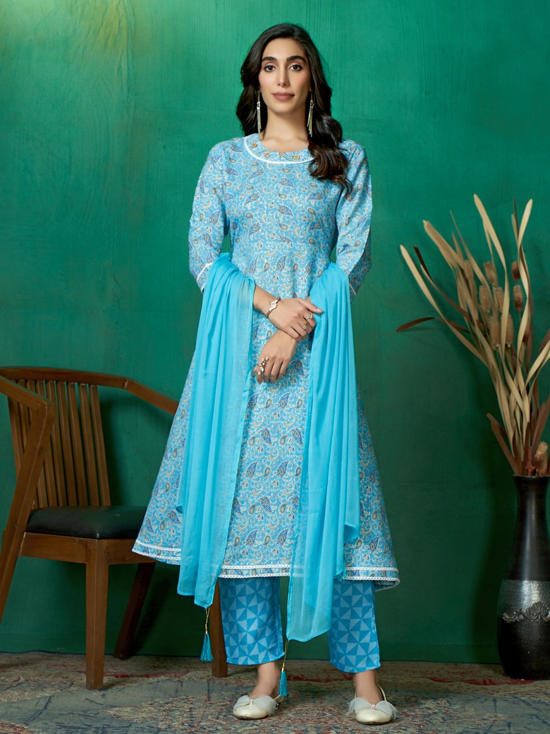 

Sangria Pure Cotton Printed Anarkali Kurta Pant Dupatta Set, Turquoise blue