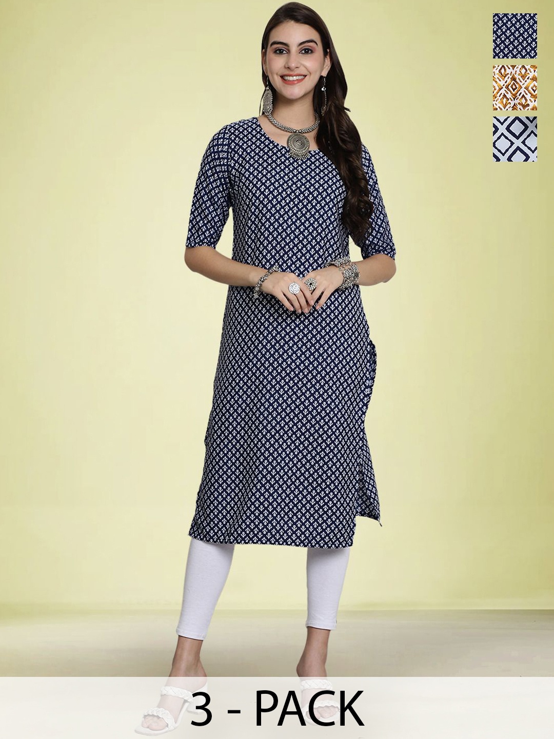 

Moda Rapido Selection Of 3 Floral Printed Round Neck Straight Kurtas, Navy blue