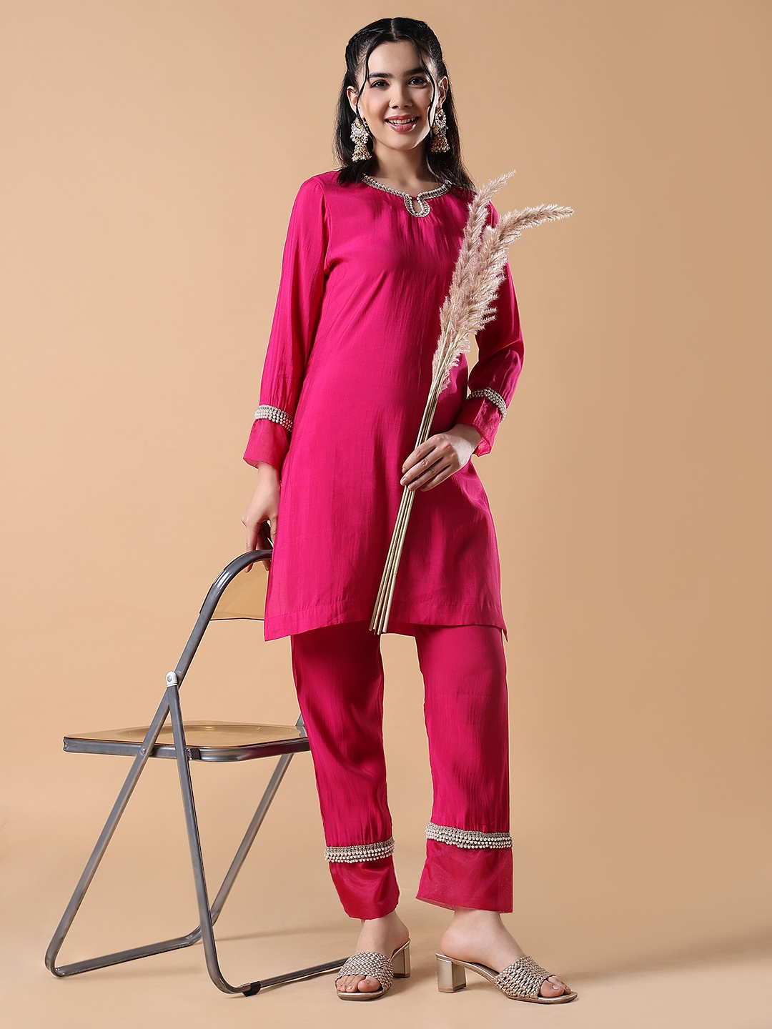 

SHOWOFF Women Embroidered Regular Kurta with Trousers, Pink