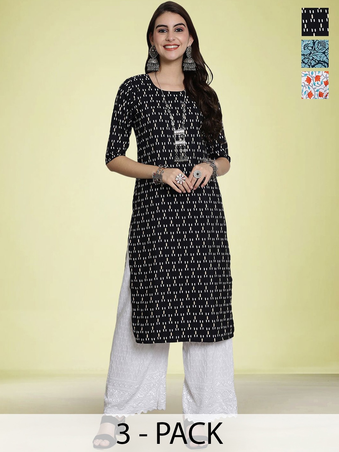 

Moda Rapido Selection Of 3 Floral Printed Round Neck Straight Kurtas, Orange