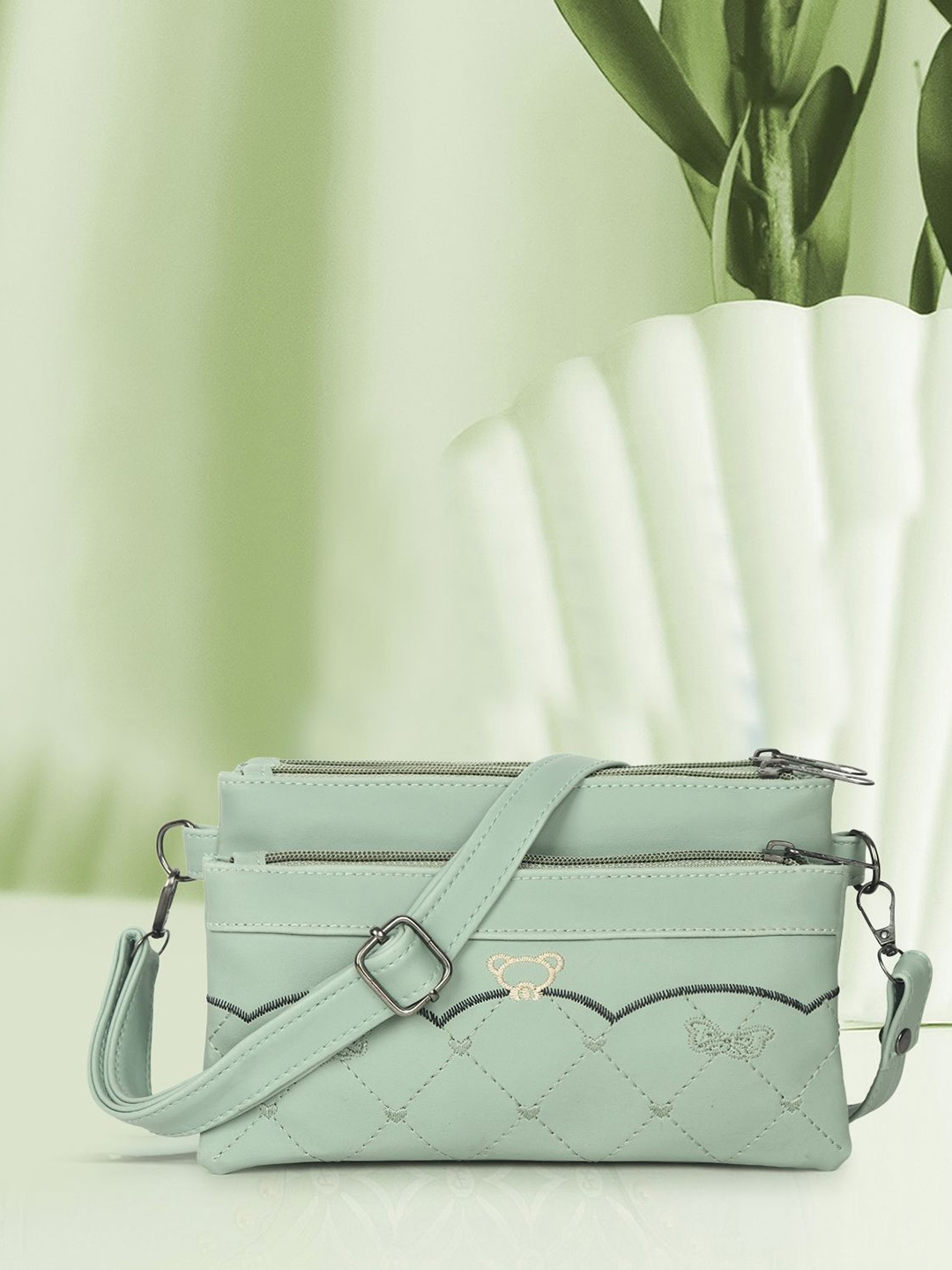 

LADY QUINTON Textured PU Shopper Sling Bag with Quilted, Green