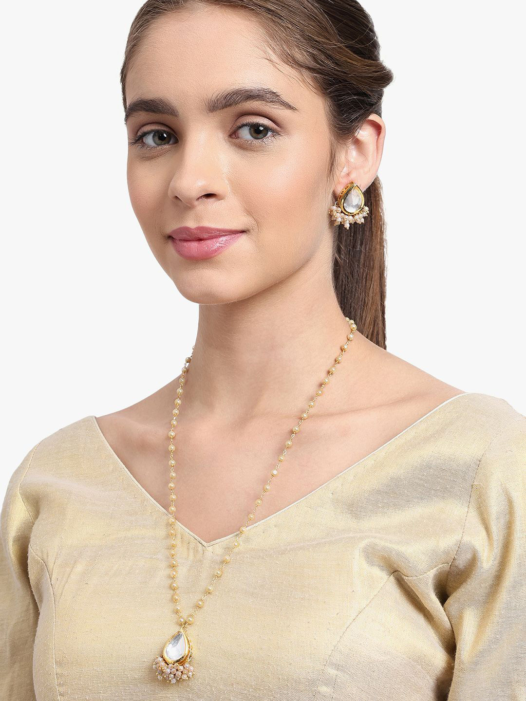 

AARSEE OFFICIAL Gold-Plated Stones Studded & Pearls Geometric Shaped Drop Earrings