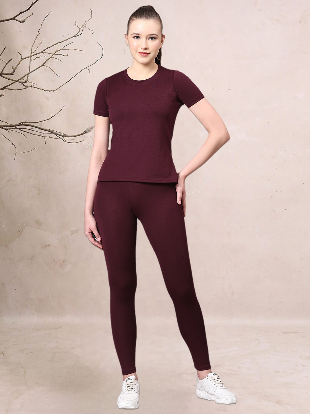 

DTR FASHION Round Neck & Short Sleeve T-Shirt & Tights Co-Ords, Maroon
